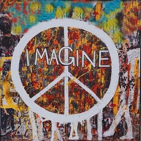 A vibrant community peace mural reading 'Imagine'