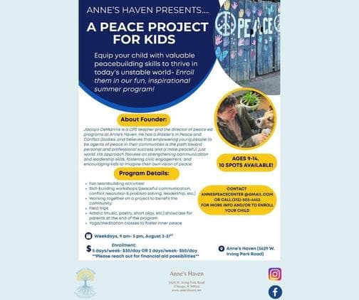 A Peace Project for Kids — flyer for Anne's Haven summer youth program for ages 9 to 14