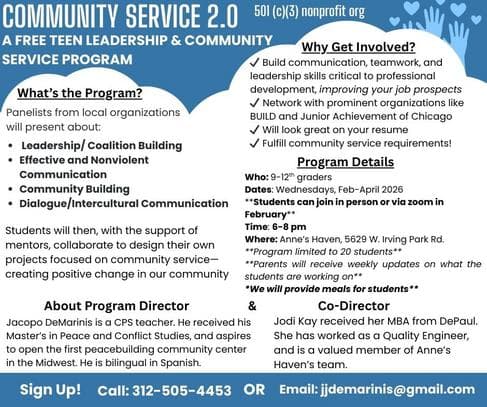 Community Service 2.0 — flyer for a free teen leadership and community service program