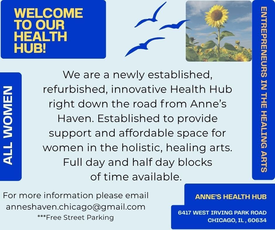 Flyer for Anne's Health Hub at 6417 West Irving Park Road, Chicago — welcome to our health hub for women in the holistic healing arts