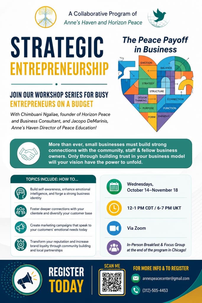 Strategic Entrepreneurship: The Peace Payoff in Business workshop flyer — Anne's Haven and Horizon Peace
