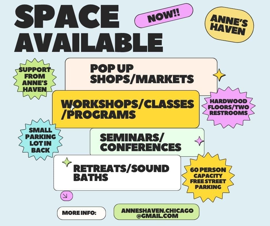 Space Available flyer for Anne's Haven — pop-ups, workshops, seminars, and retreats