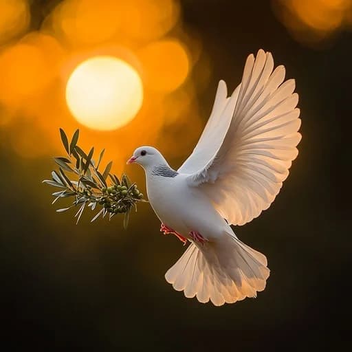A white dove carrying an olive branch against a golden sunset